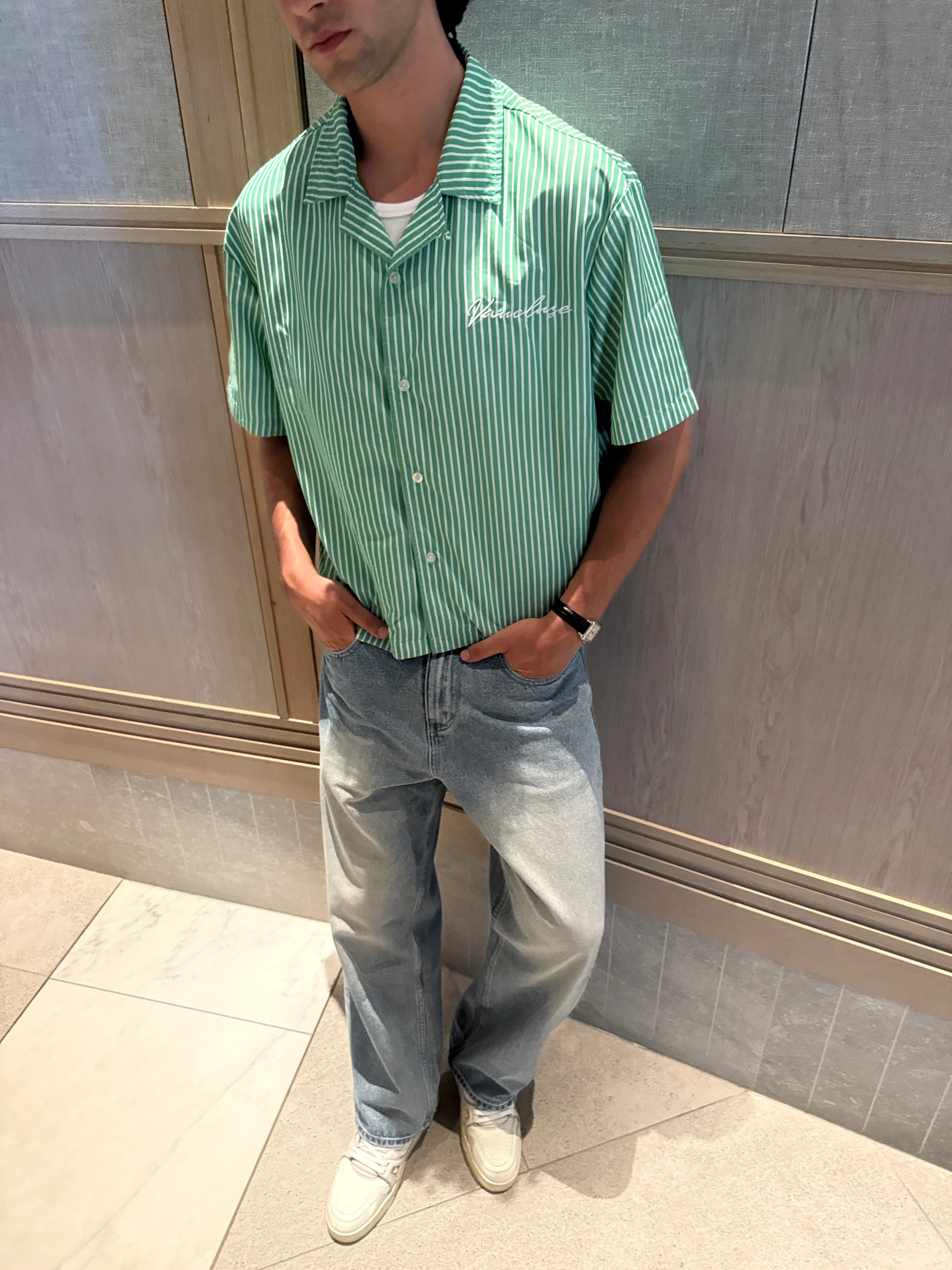 Striped Signature Short Sleeve Shirt - Green/White - Image 5